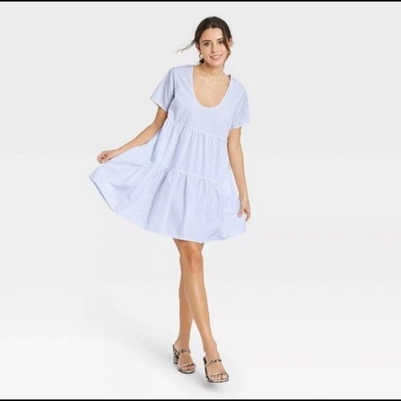 a new day Dresses & Skirts - A new day Blue White Striped Short Sleeve Scoop Neck Tiered Babydoll Dress